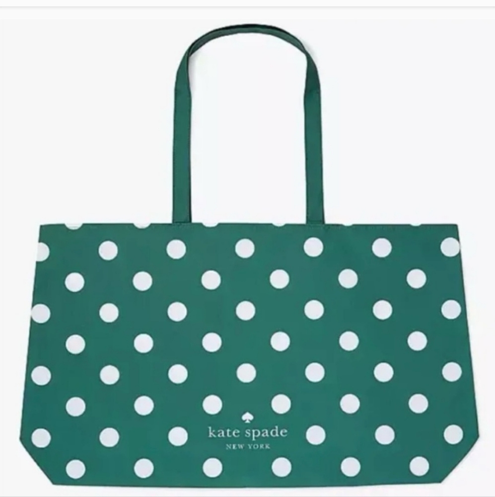 NIB KATE SPADE LARGE GREEN WHITE POLKA DOT SHOULDER BAG REUSABLETOTE